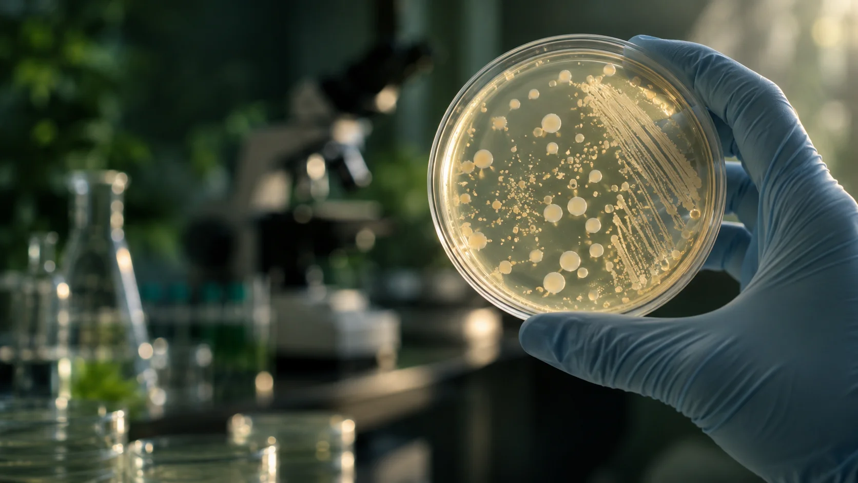 AI-generated scientific illustration of a gloved hand holding a microbial culture plate in a wet laboratory; not a photograph of JiangLab.